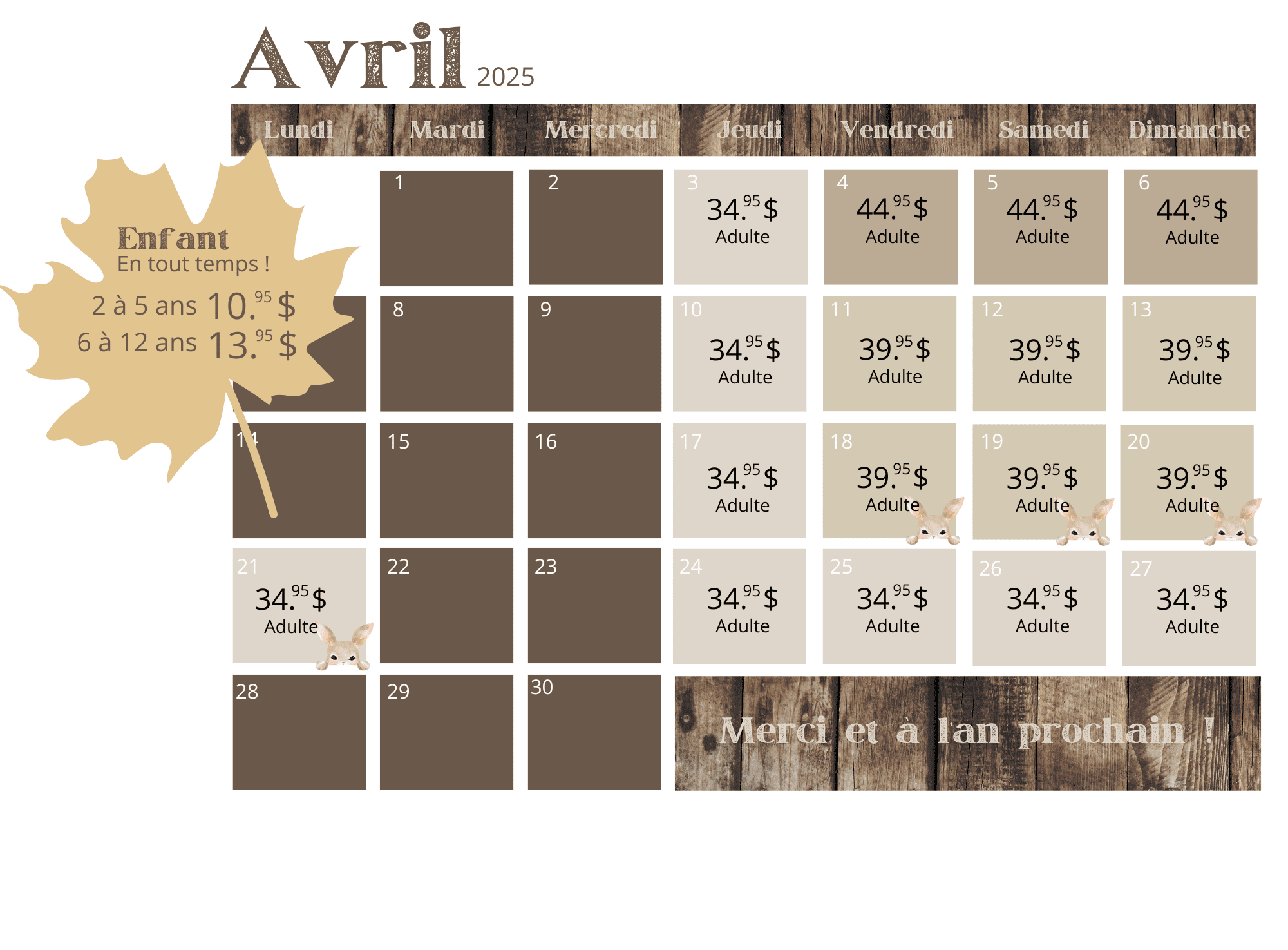 | Le Chalet des Érables Tarif Avril 2025