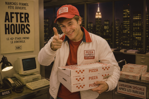 | Le Chalet des Érables Pizza Express delivery worker in a red cap and uniform holding two pizza boxes and giving a thumbs up inside the shop.