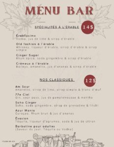 Le Chalet des Érables Menu bar cabane 2026  