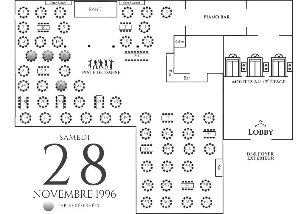 | Le Chalet des Érables Floor plan for a 1996 event showing 63 roun tables around a central dance