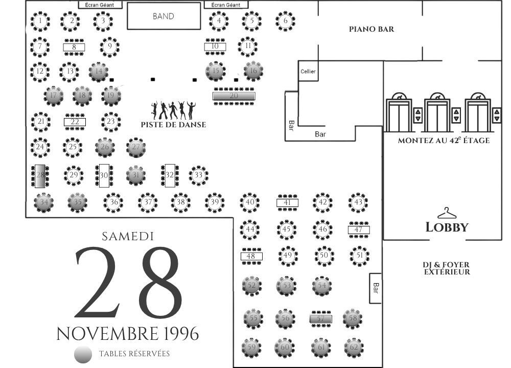 | Le Chalet des Érables bered round tables, lobby.